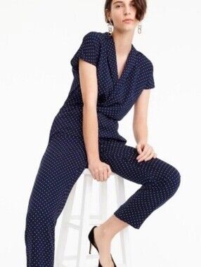J.Crew Navy Blue Pindot Lapel Jumpsuit - Size 6